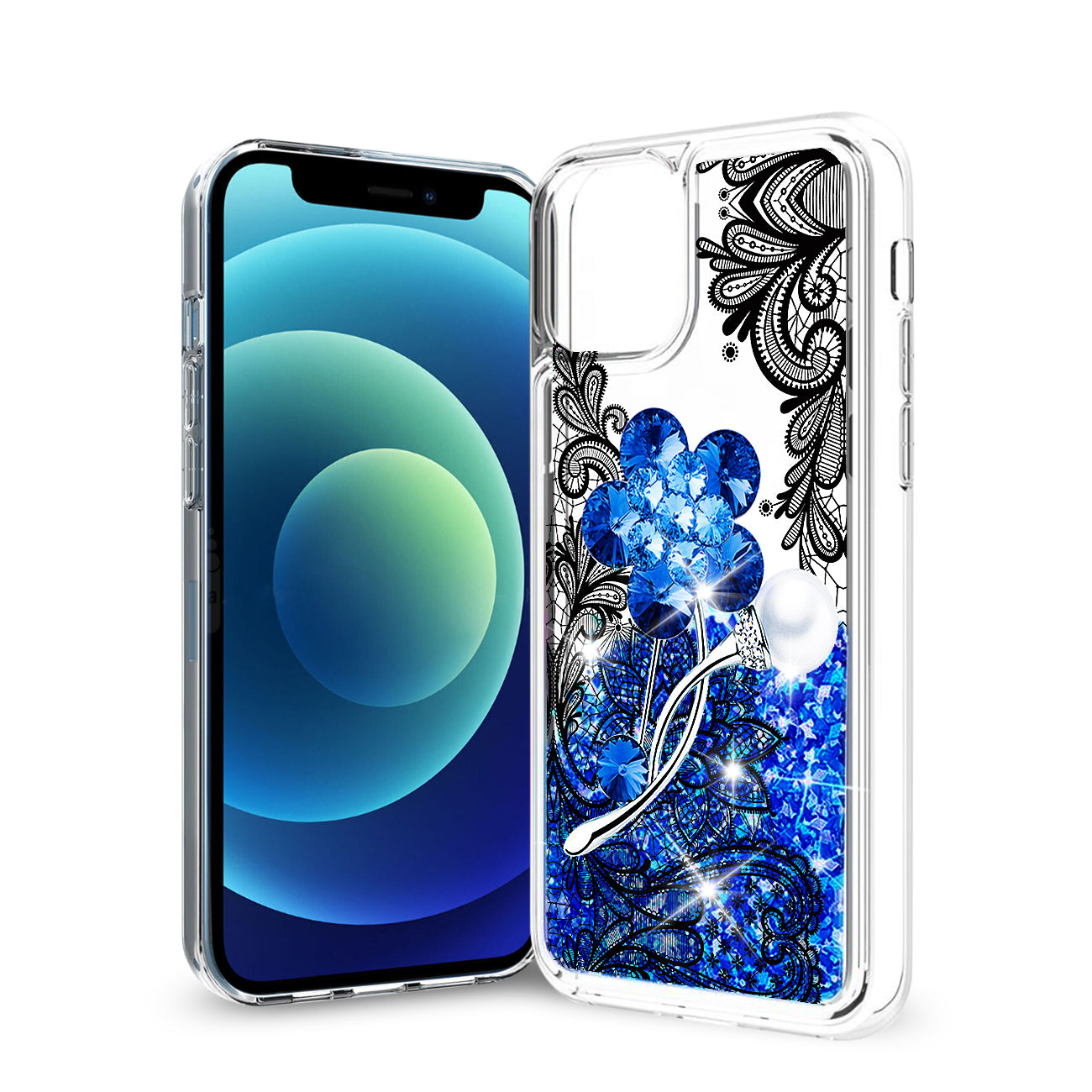 Reiko iPhone 12 Mini Glitter Case Moving Quicksand Navy Floral